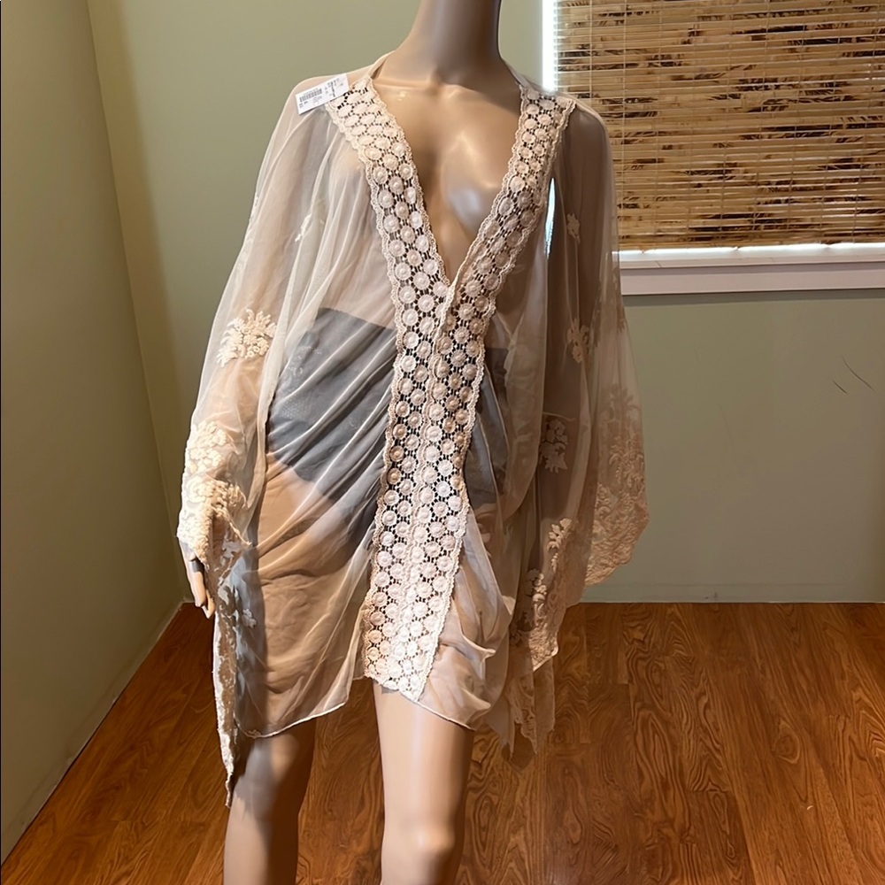 Bellissma Beige Sheer Net Lace  Cape Kimono Cover-Up With Crochet One Size